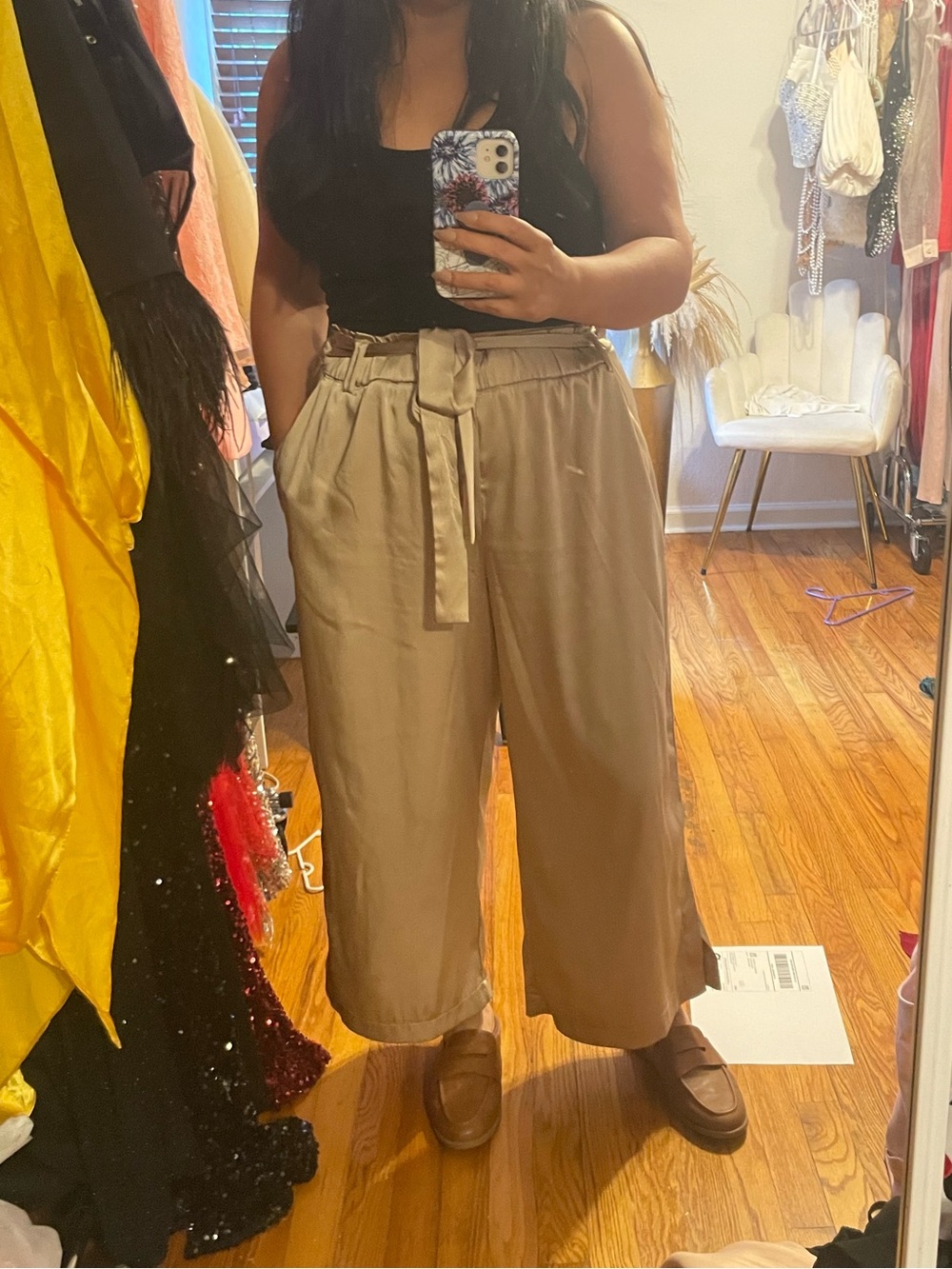 Joie Taupe Paperbag Wide-Leg Pants with Self Tie